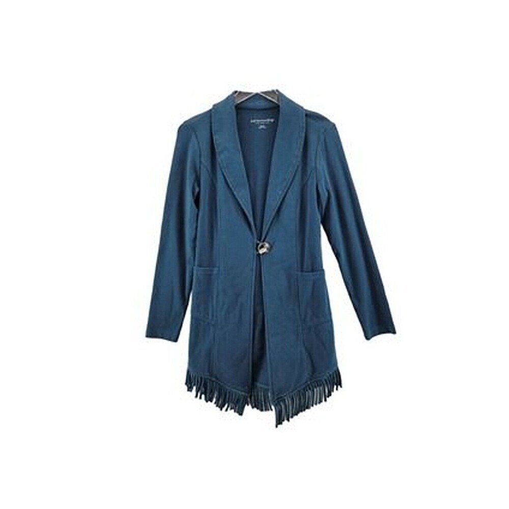 Soft Surroundings Fringed Jacket Small‎ Teal Blue Mid Length Cotton Button Front